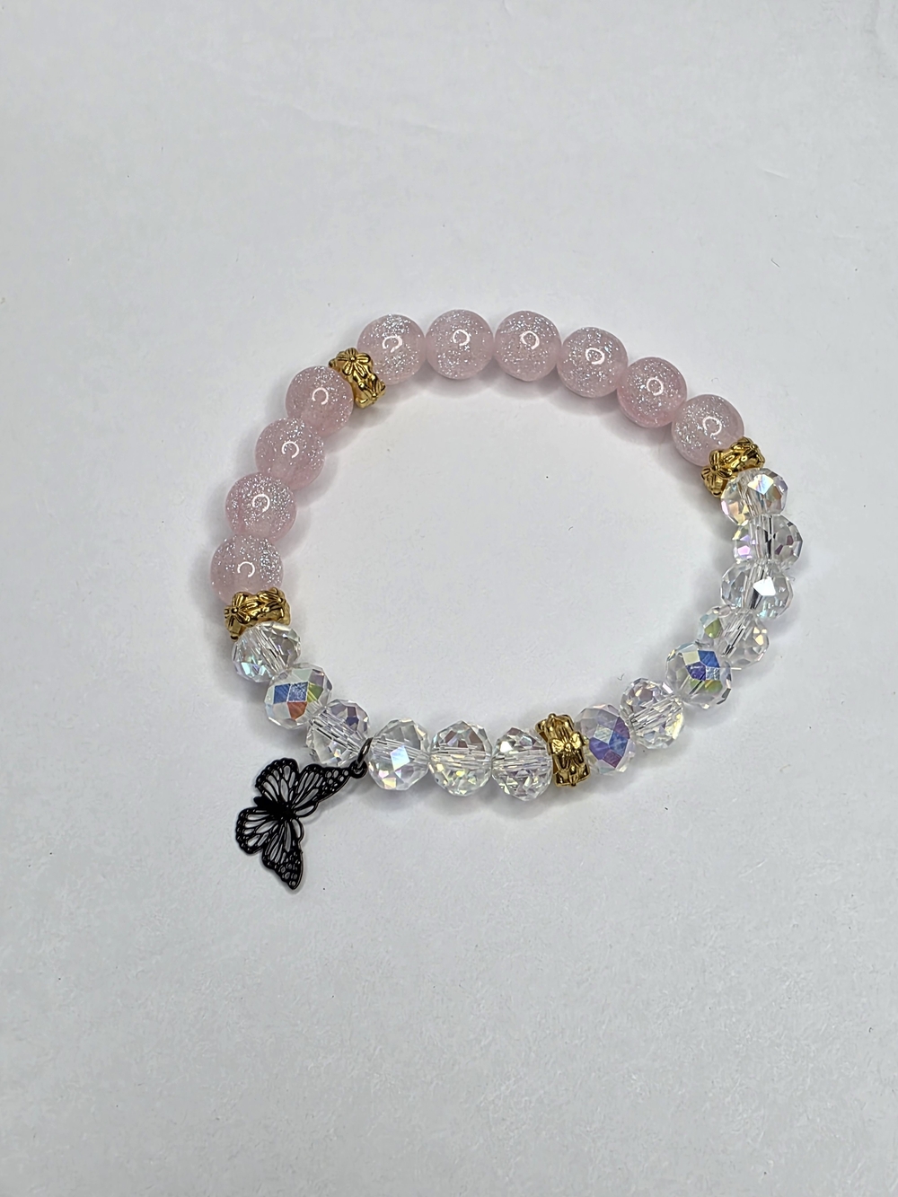 Pink Sparkle Bead Bracelet with Crystal Accents and Butterfly Charm